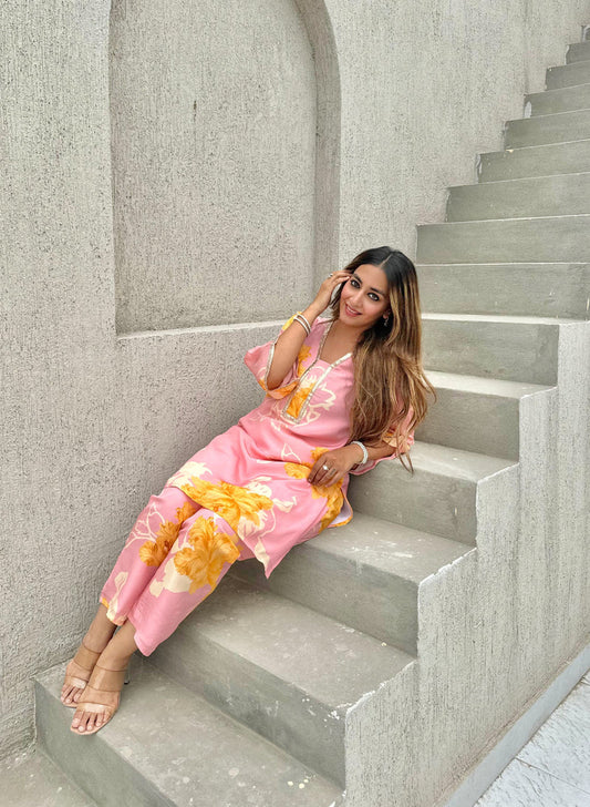 Pink Sunflower Printed Crepe Kurta Pants Coord Set