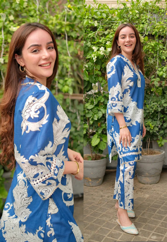 Blue Printed Kurta Pants Set