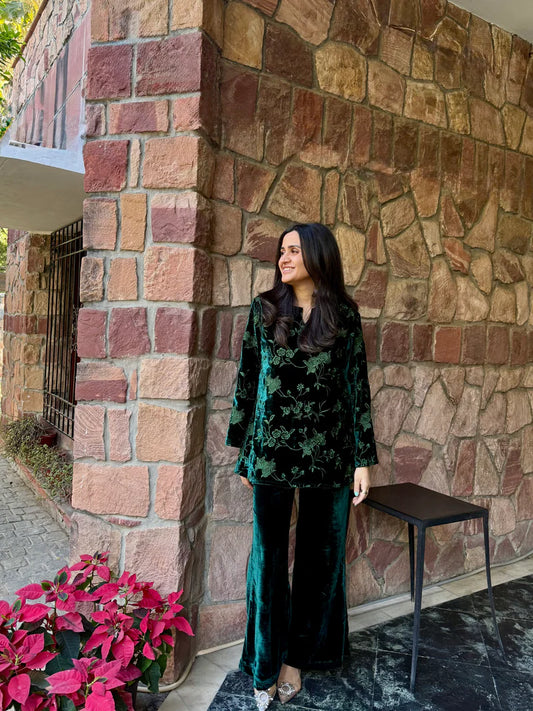 Bottle Green Embroidered Velvet Co-ord Set