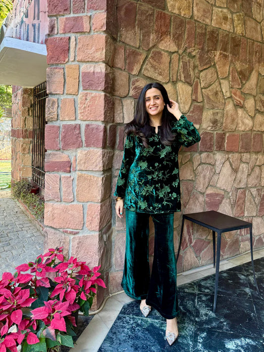 Bottle Green Embroidered Velvet Co-ord Set