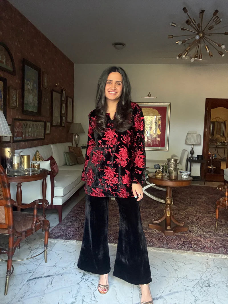 Red Embroidered Velvet Co-ord Set