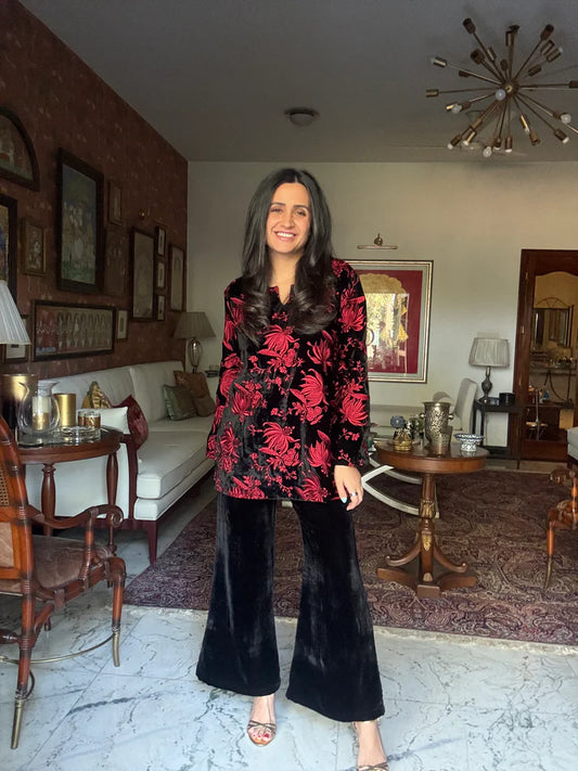 Red Embroidered Velvet Co-ord Set