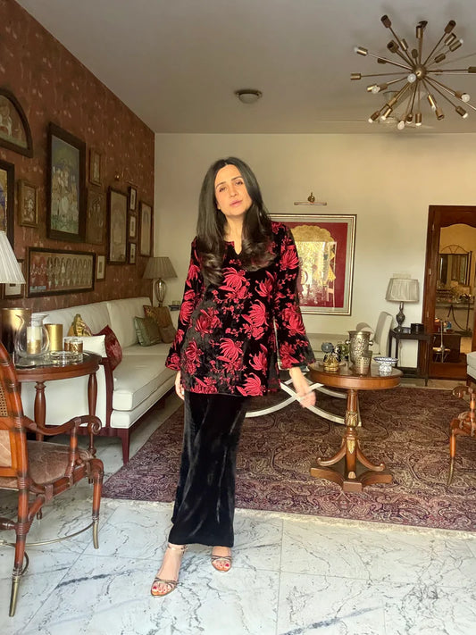 Red Embroidered Velvet Co-ord Set