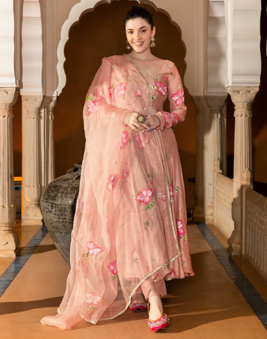 Disha Pink Applique Organza Kurta Set