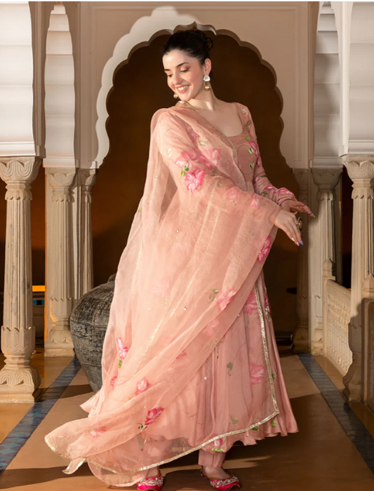 Disha Pink Applique Organza Kurta Set