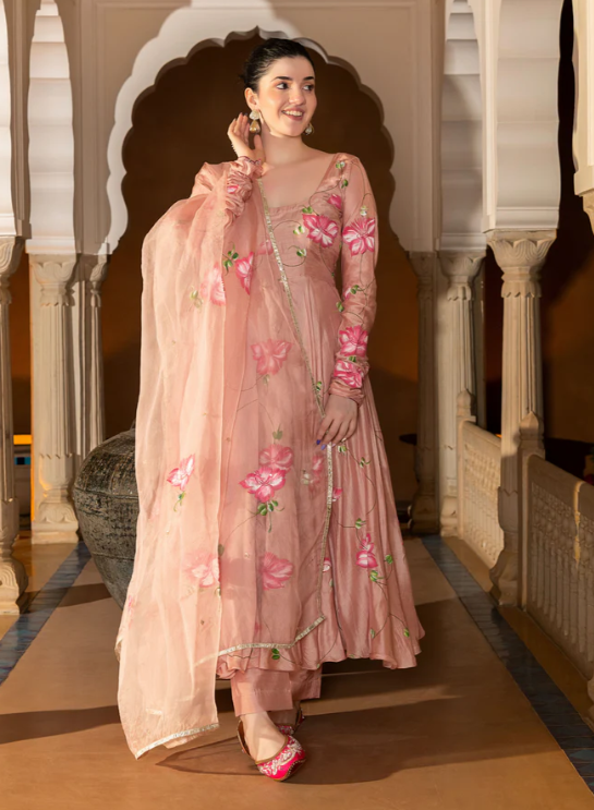 Disha Pink Applique Organza Kurta Set