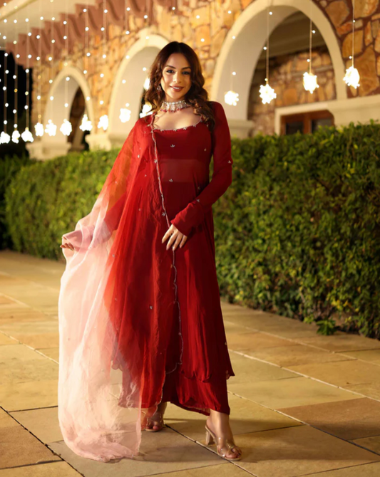 Maroon Blush Embroidered Georgette Suit Set