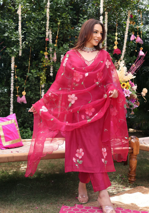 Berry Bliss Magenta Handpainted Chanderi Suit Set