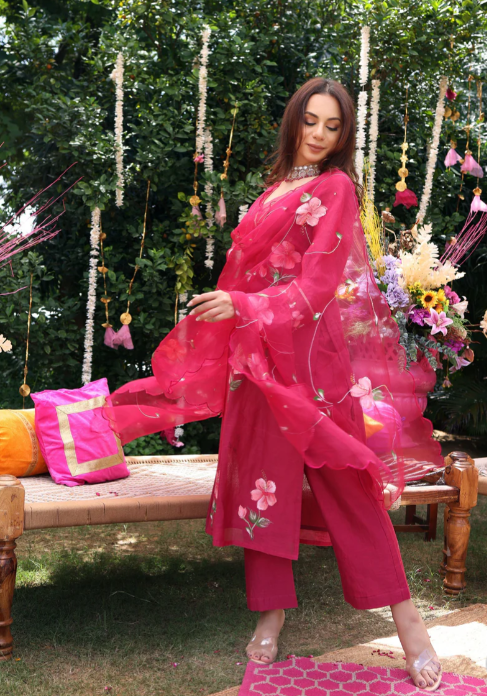 Berry Bliss Magenta Handpainted Chanderi Suit Set