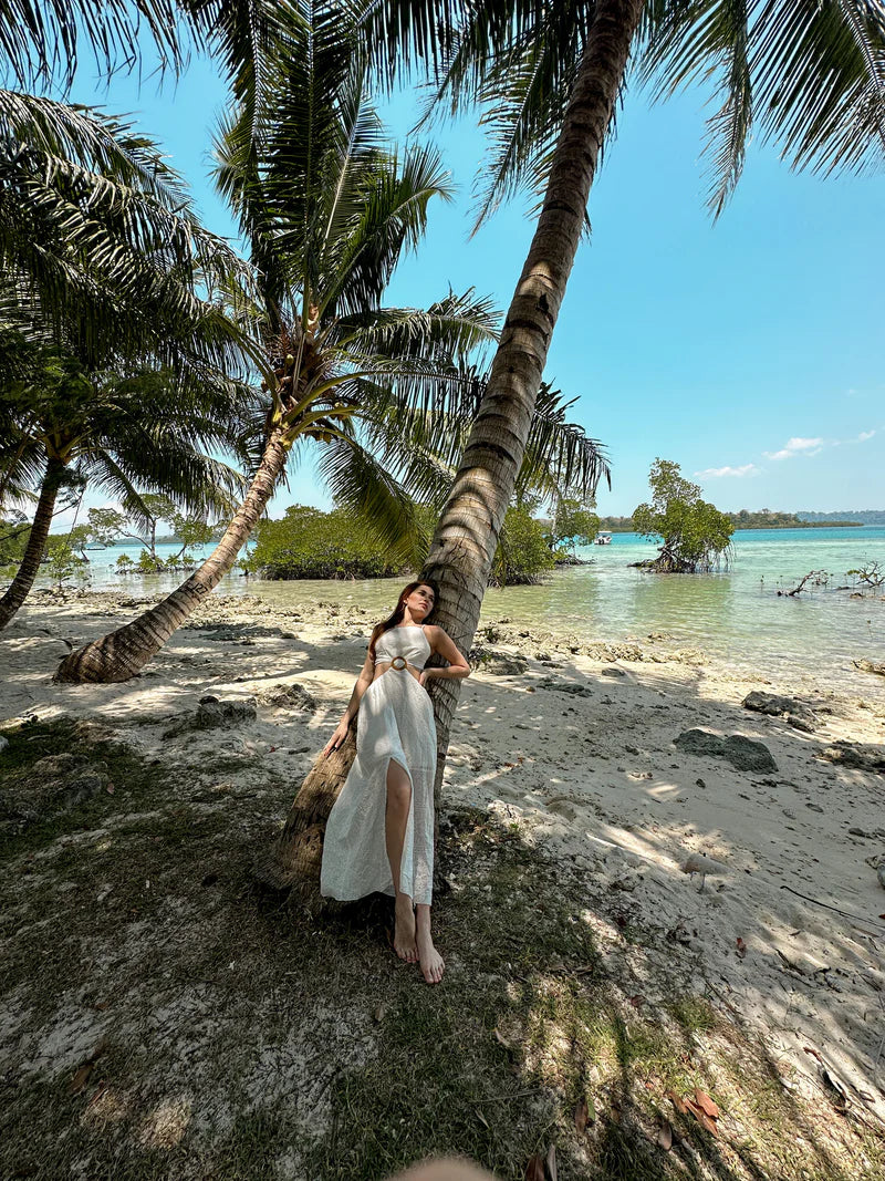 White Cutwork Beach Tie Up Back Dress